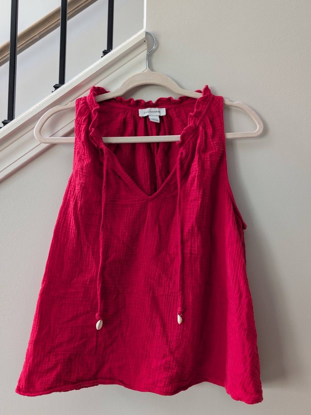 100% Cotton Coral Red Crinkle Gauze Ruffle Top with shell accents, size L